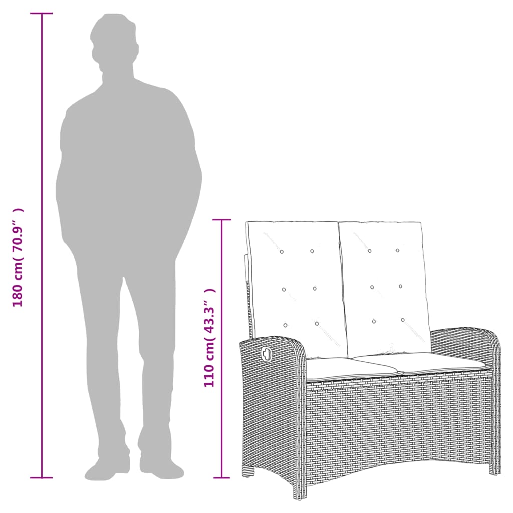 Reclining Patio Bench with Cushions Seat Poly Rattan Brown/Gray/Black vidaXL - Picture 24 of 45