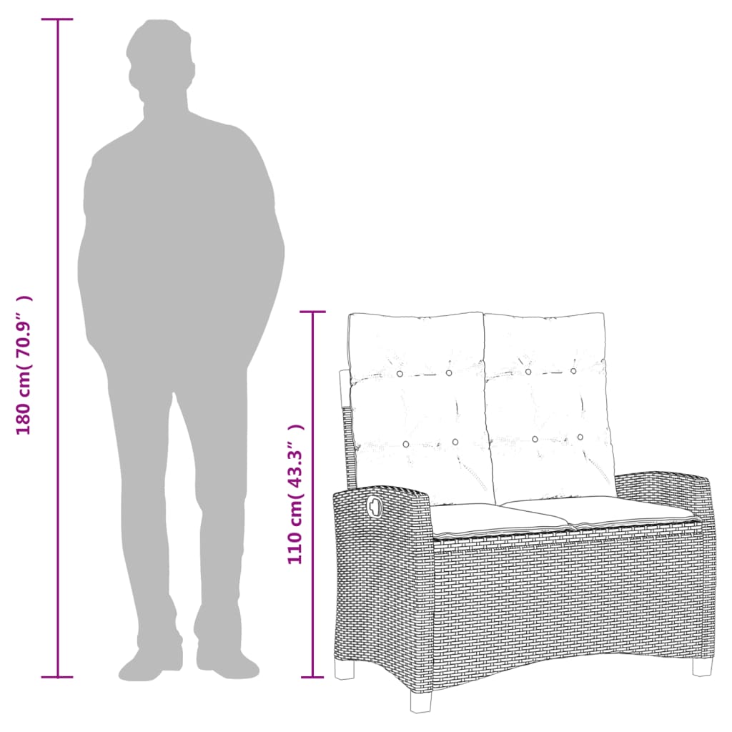 Reclining Patio Bench with Cushions Seat Poly Rattan Brown/Gray/Black vidaXL - Picture 36 of 45