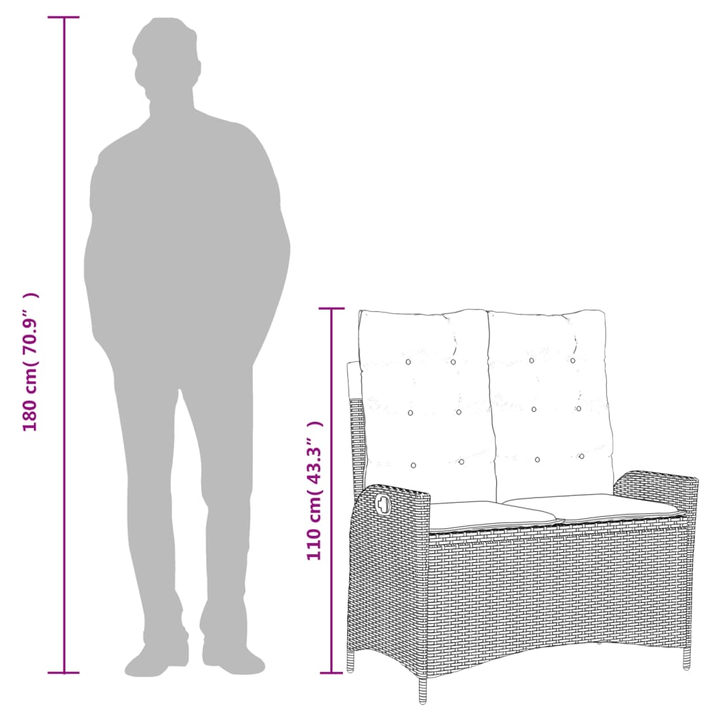 Reclining Patio Bench with Cushions Seat Poly Rattan Brown/Gray/Black vidaXL - Picture 12 of 45