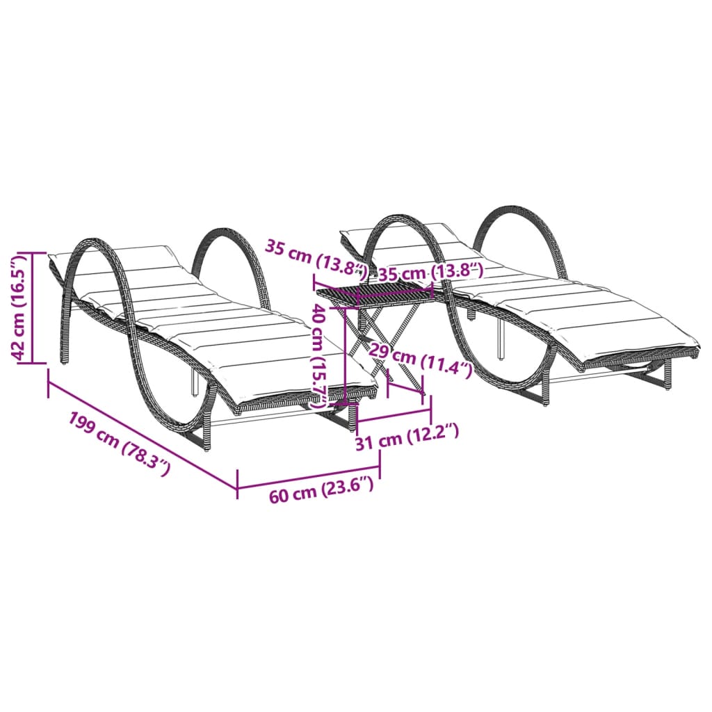 Ležalnik 2 kosa z mizico bež poli ratan - slika 13