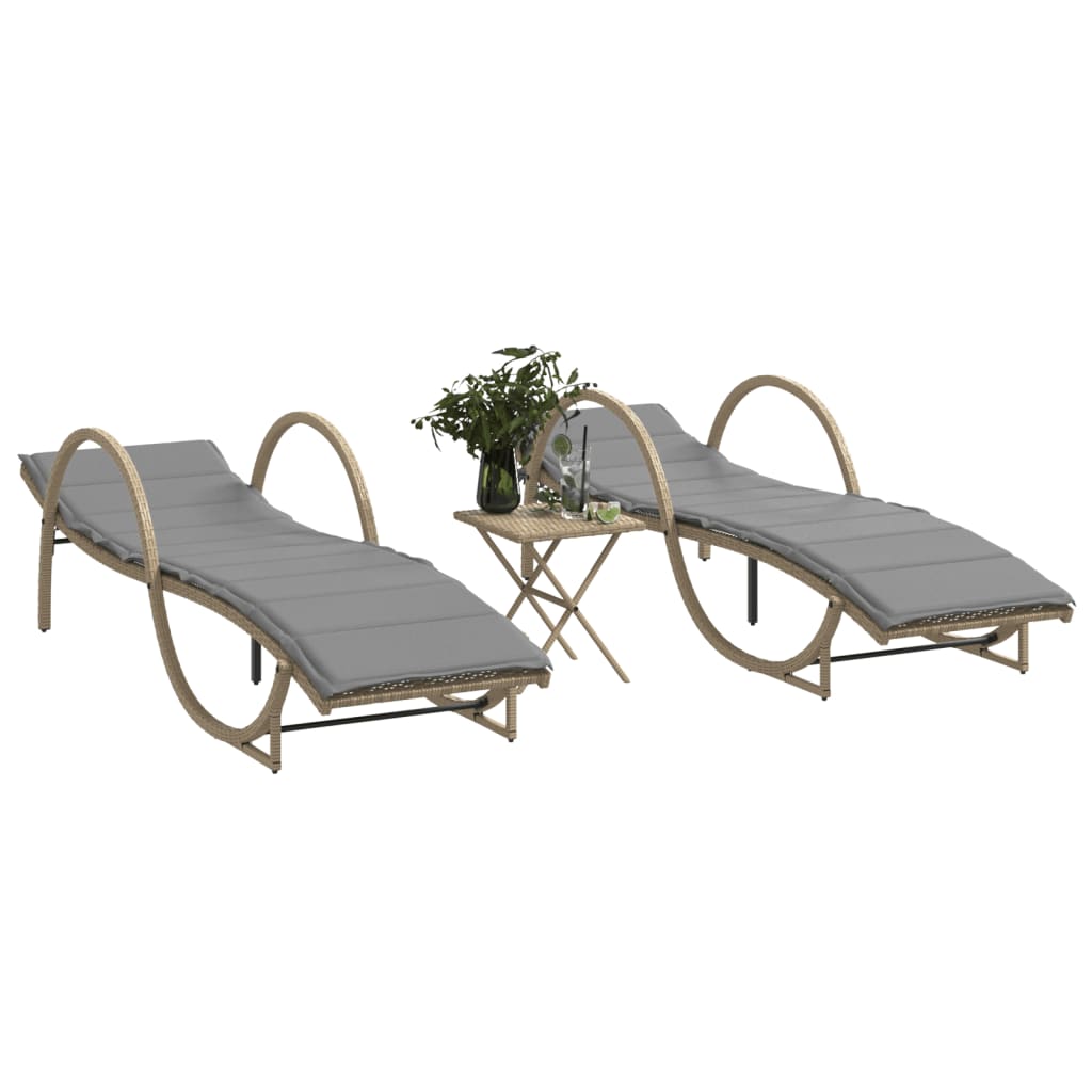 vidaXL Sonnenliegen 2 Stk. mit Tisch Beige Poly Rattan