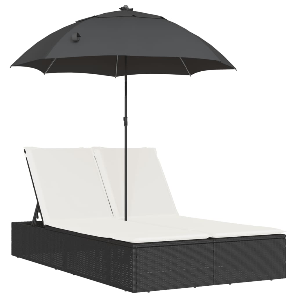Thumbnail - vidaXL Doppel-Sonnenliege mit Kissen&Sonnenschirm Schwarz Poly Rattan