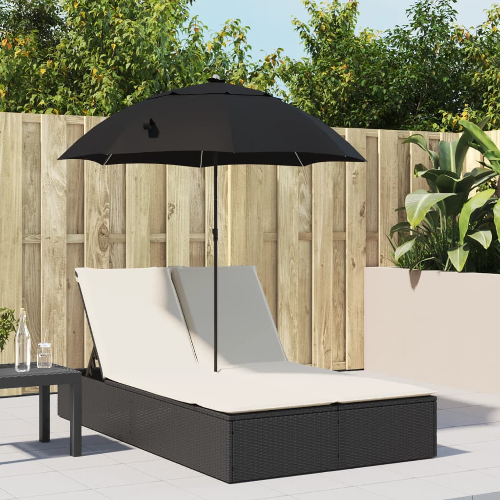 vidaXL Doppel-Sonnenliege mit Kissen&Sonnenschirm Schwarz Poly Rattan