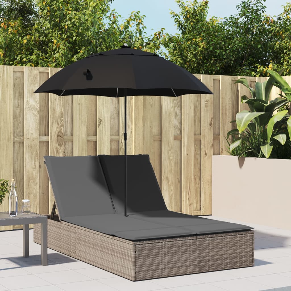 vidaXL Doppel-Sonnenliege mit Kissen & Sonnenschirm Grau Poly Rattan