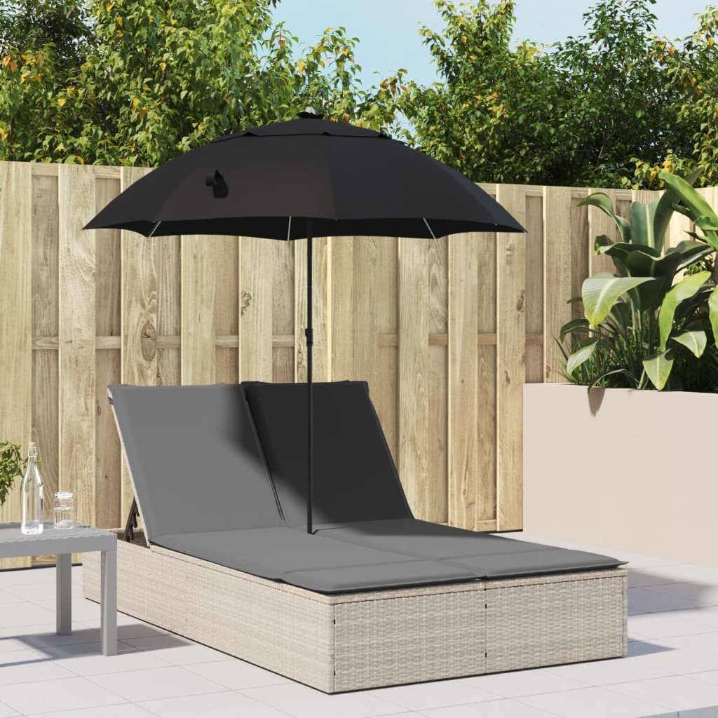 vidaXL Doppel-Sonnenliege mit Kissen & Schirm Hellgrau Poly Rattan