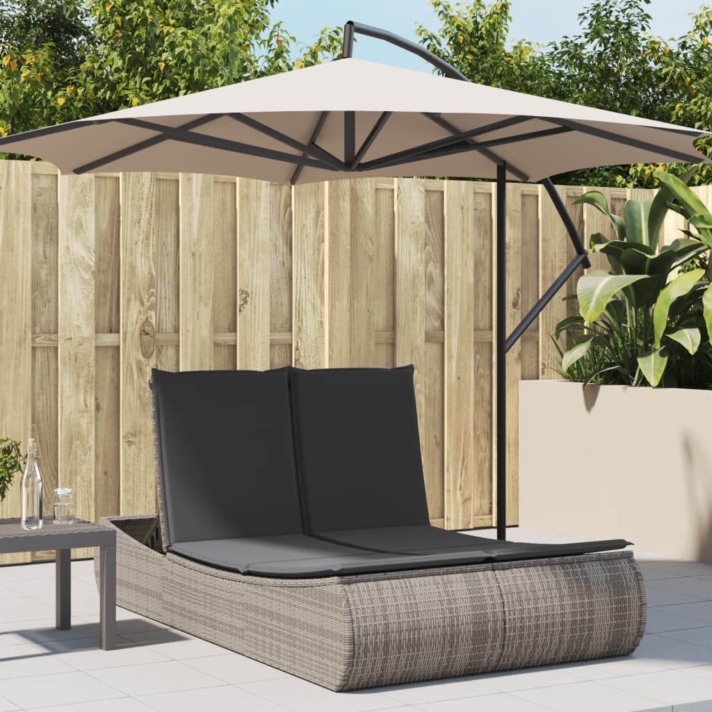 vidaXL Doppel-Sonnenliege mit Kissen Grau Poly Rattan