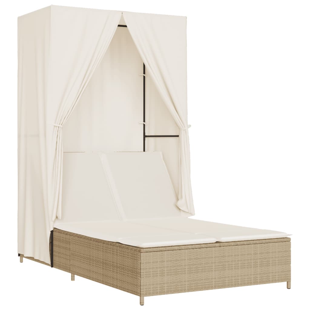 Thumbnail - vidaXL Doppel-Sonnenliege mit Dach und Vorhängen Beige Poly Rattan