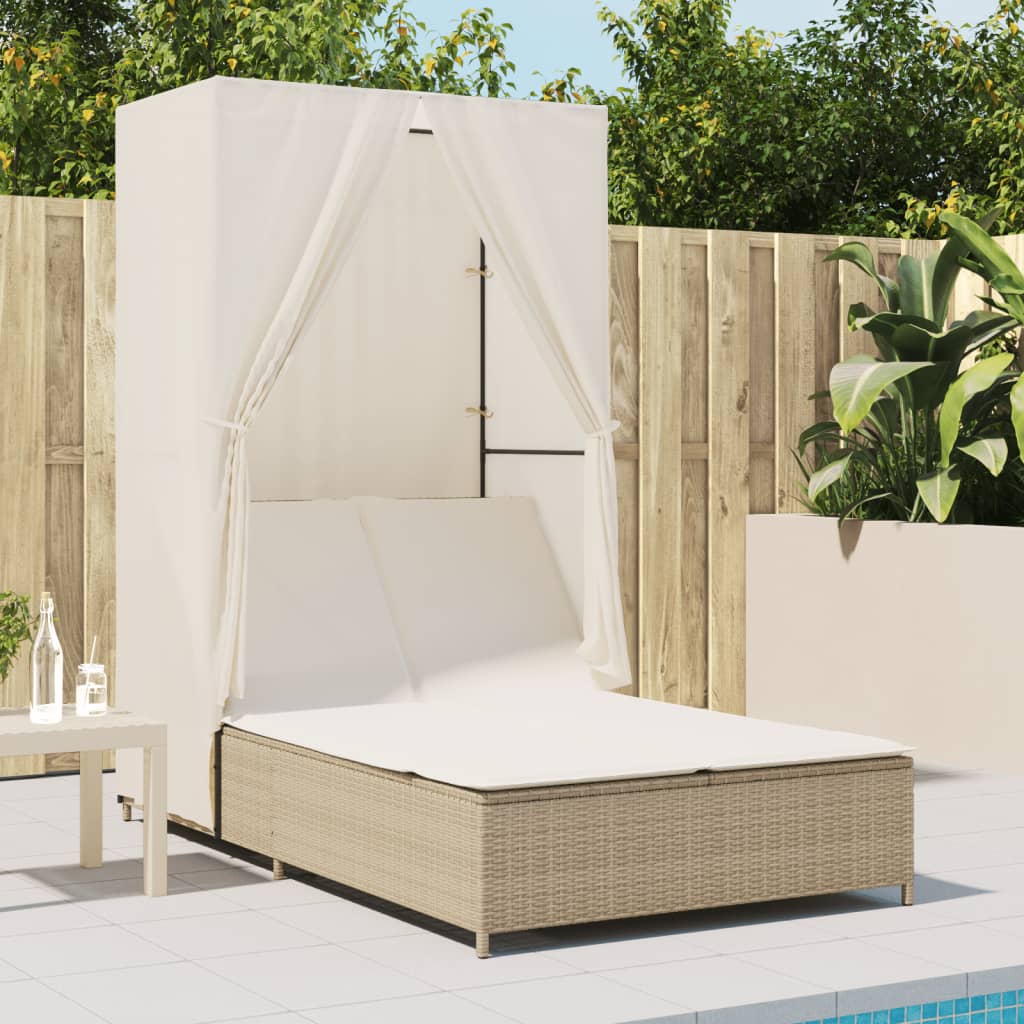 Thumbnail - vidaXL Doppel-Sonnenliege mit Dach und Vorhängen Beige Poly Rattan