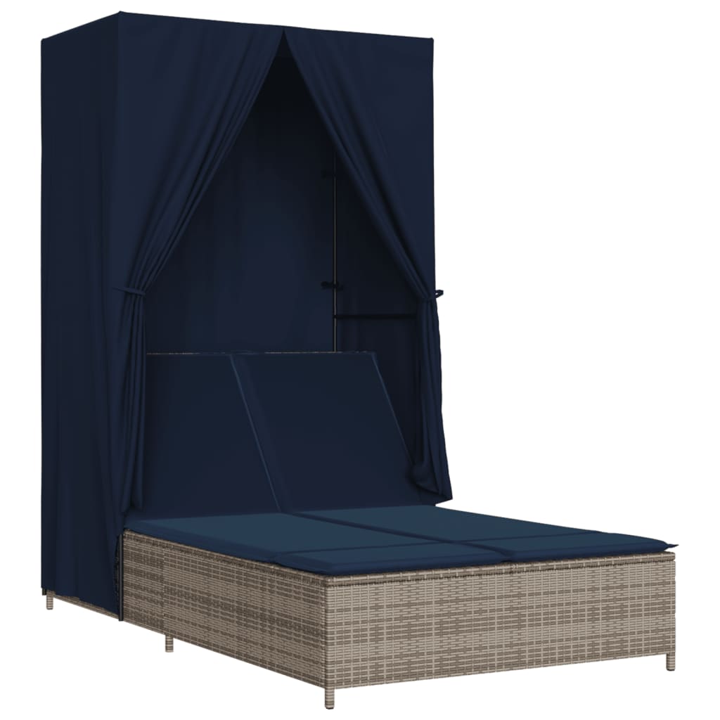 Double Sun Lounger with Roof and Curtains Poly Rattan Brown/Gray/Black vidaXL