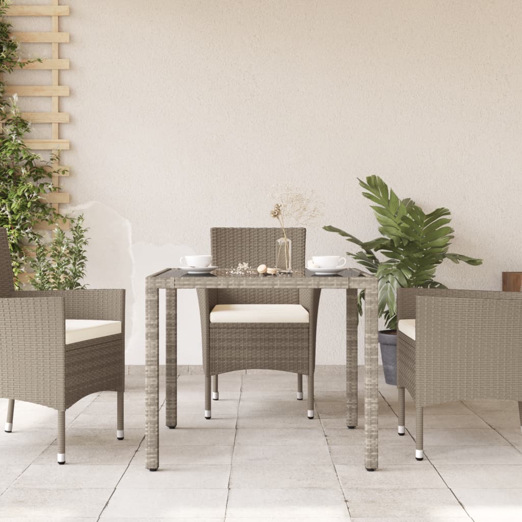  Záhr. stôl so sklenenou doskou svetlosivý 90x90x75 cm polyratan