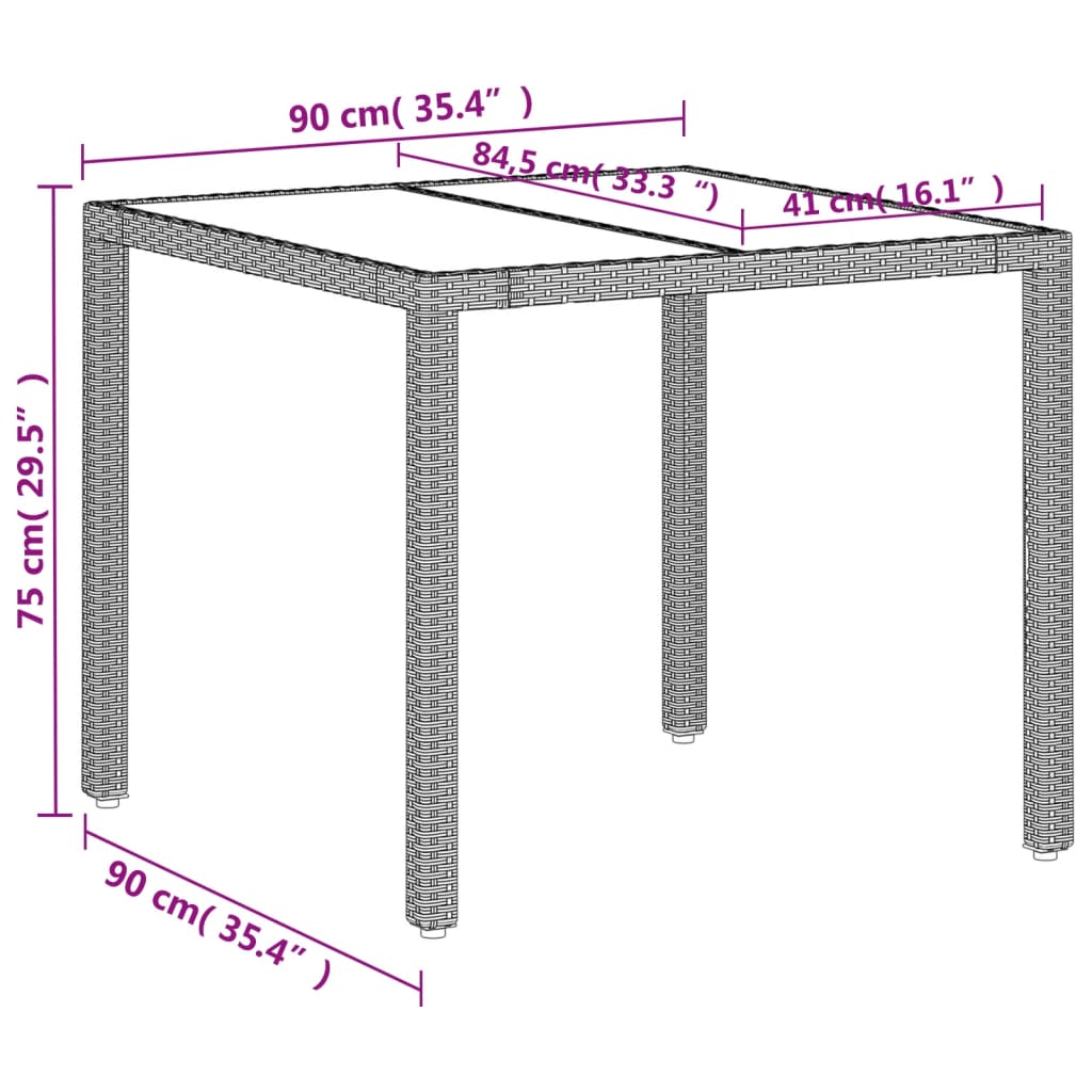  Záhr. stôl so sklenenou doskou svetlosivý 90x90x75 cm polyratan