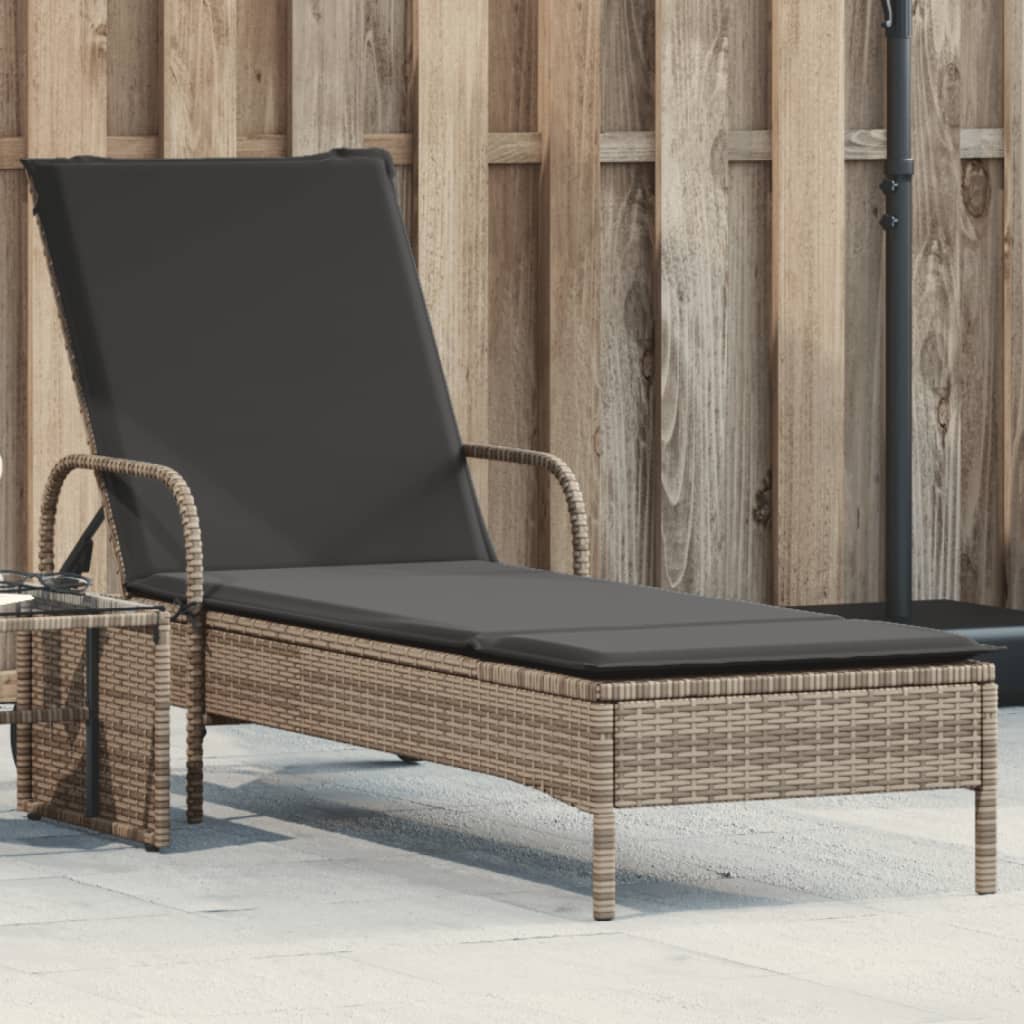 vidaXL Sonnenliege mit Rollen und Auflage Grau Poly Rattan