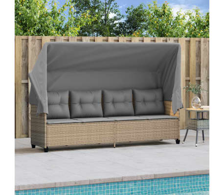 vidaXL Espreguiçadeira com toldo e almofadões vime PE bege