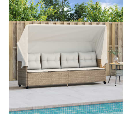 vidaXL Chaise longue avec auvent et coussins beige r&eacute;sine tress&eacute;e