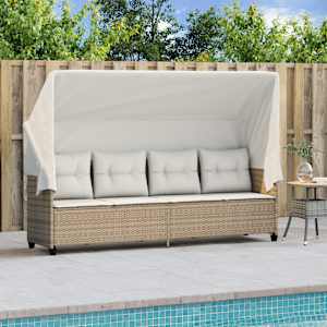 vidaXL Chaise longue avec auvent et coussins beige r&eacute;sine tress&eacute;e