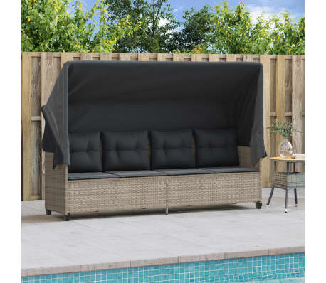 vidaXL Sonnenliege mit Dach und Kissen Hellgrau Poly Rattan