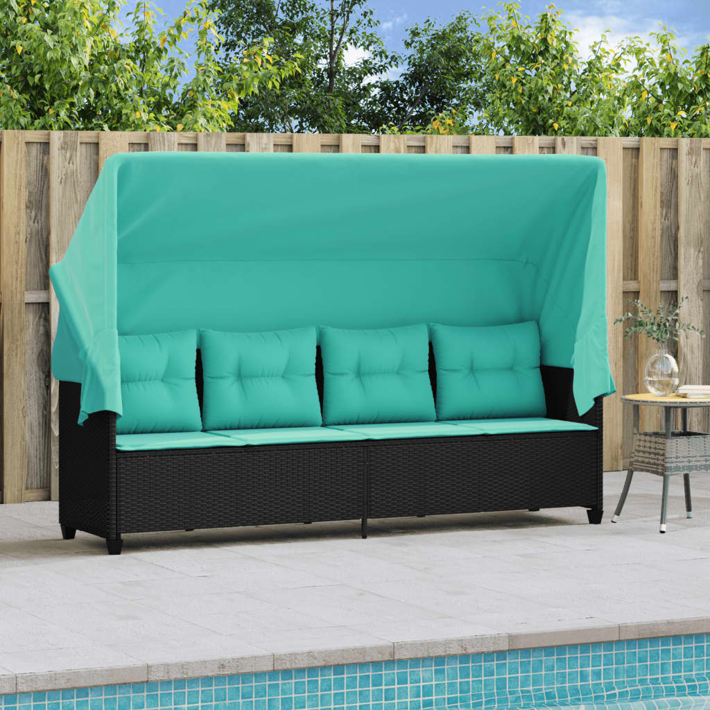 vidaXL Sonnenliege mit Dach und Kissen Schwarz Poly Rattan – Bild 3
