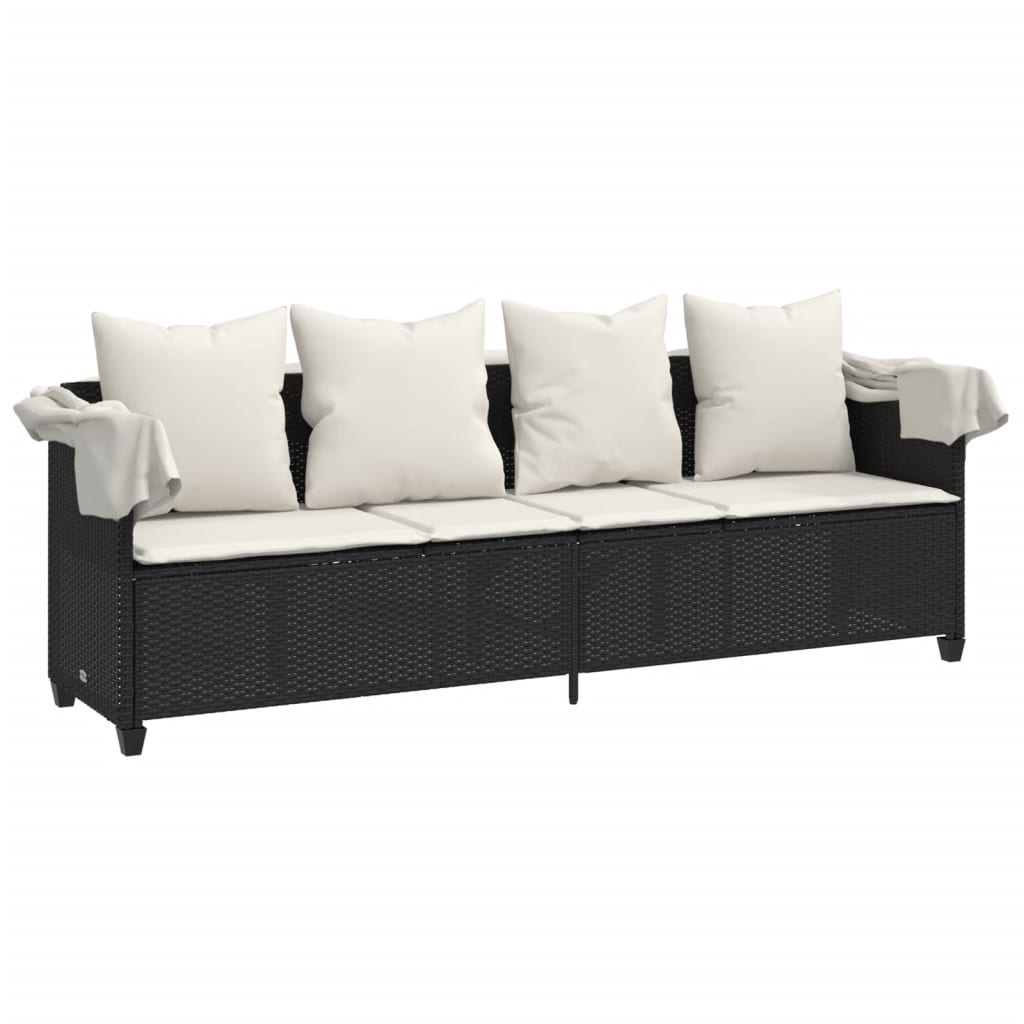 vidaXL Ligbed met luifel en kussens poly rattan zwart, foto 4
