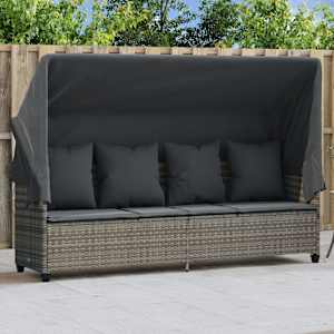 Ležalnik s streho in blazinami siv poli ratan