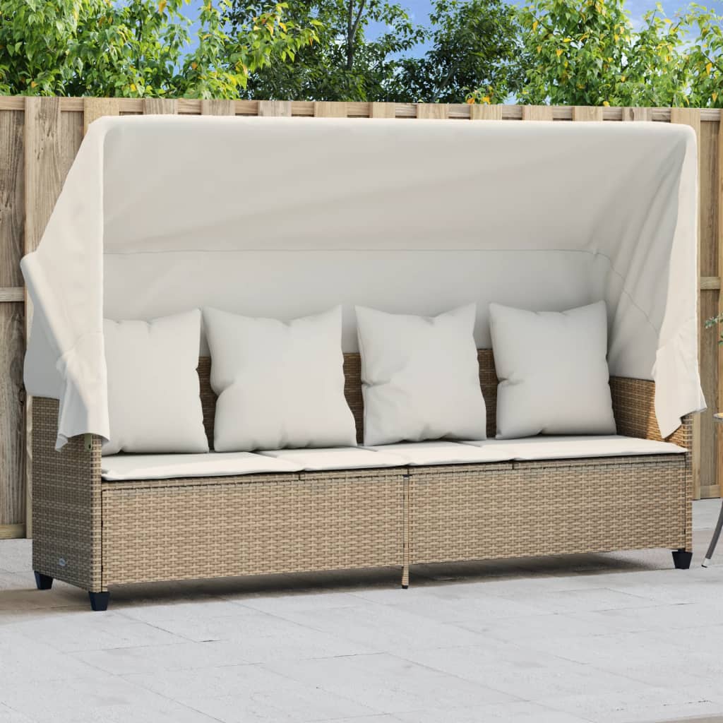 vidaXL Sonnenliege mit Dach und Kissen Beige Poly Rattan