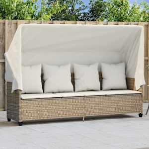 Ležalnik s streho in blazinami bež poli ratan