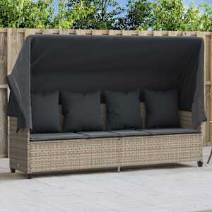 Ležalnik s streho in blazinami svetlo siv poli ratan