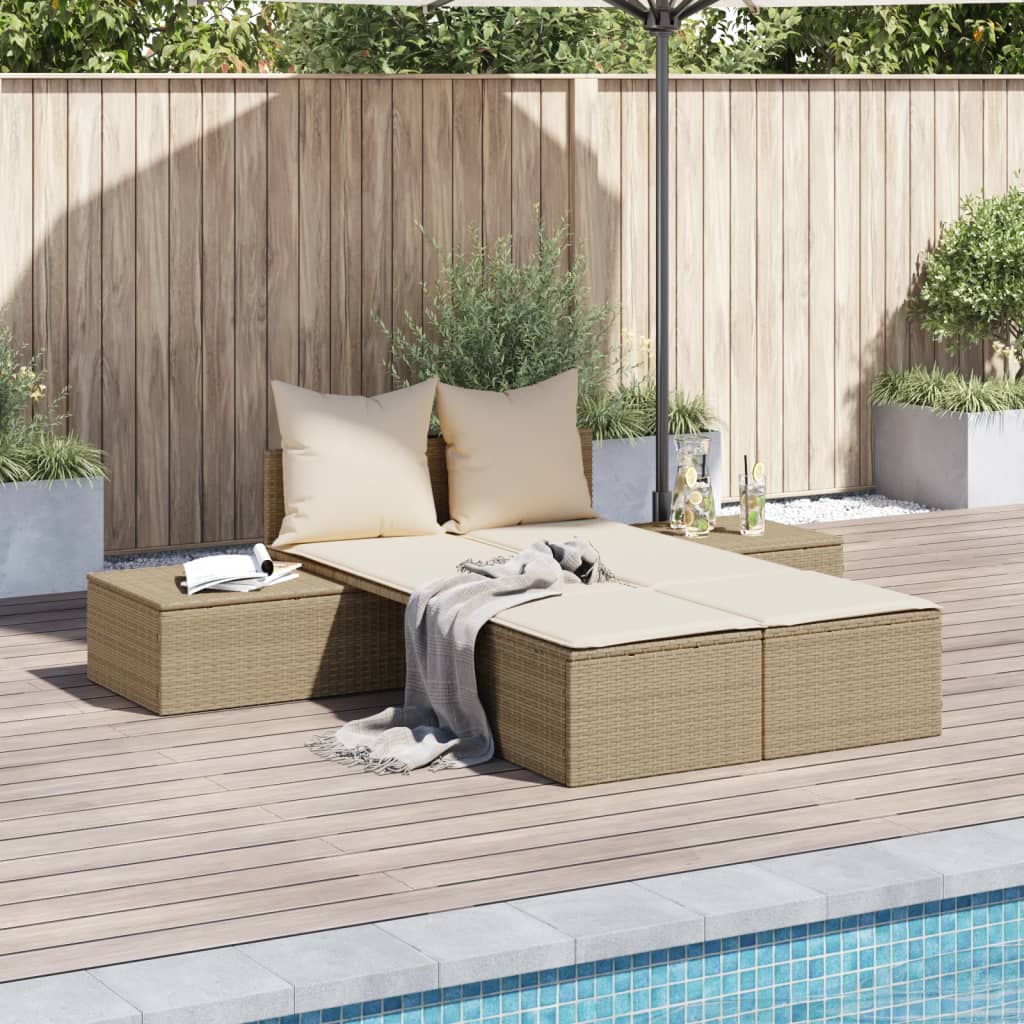 vidaXL Doppel-Sonnenliege mit Auflagen Beige Poly Rattan