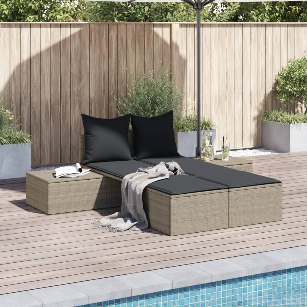 vidaXL Doppel-Sonnenliege mit Kissen Hellgrau Poly Rattan