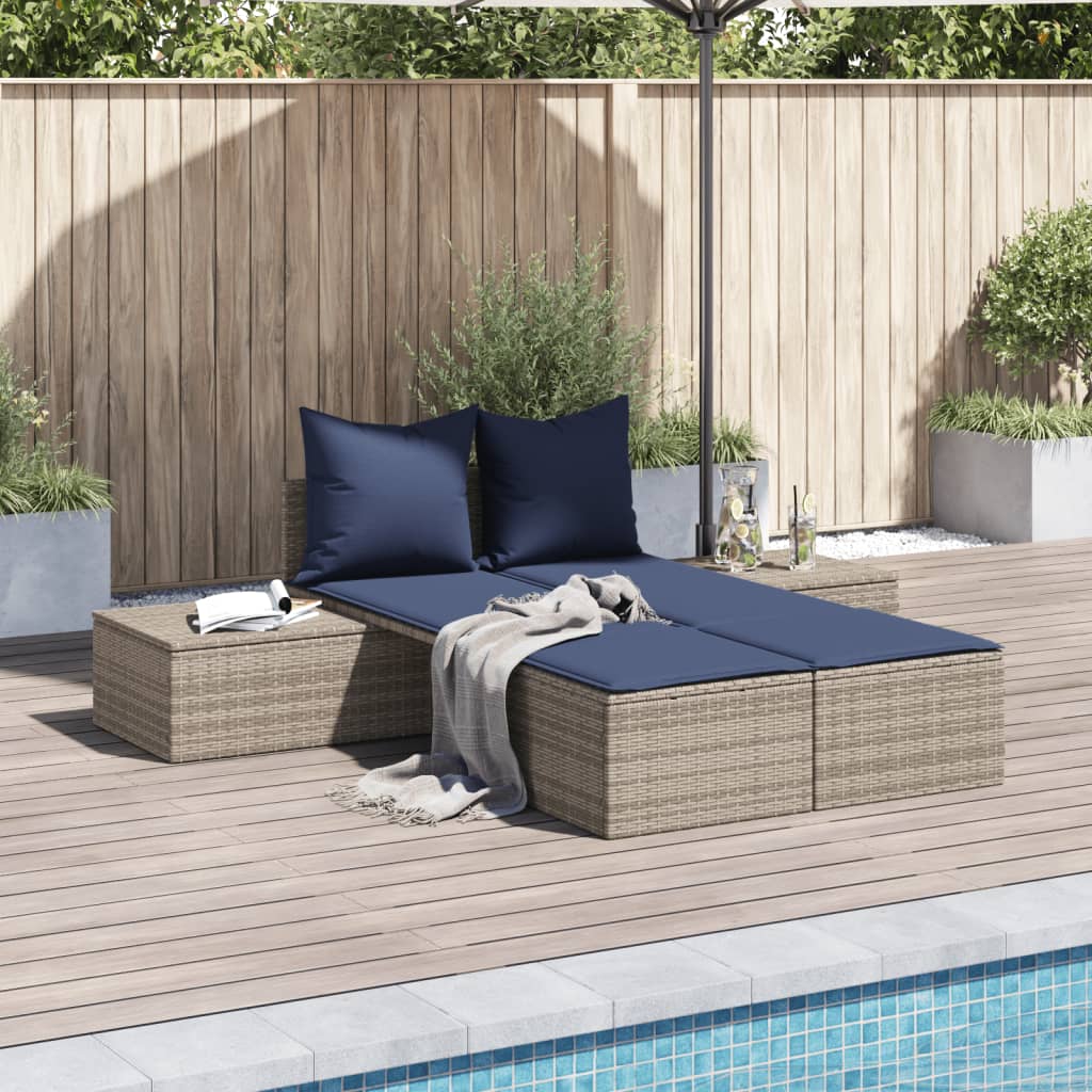 vidaXL Doppel-Sonnenliege mit Kissen Grau Poly Rattan