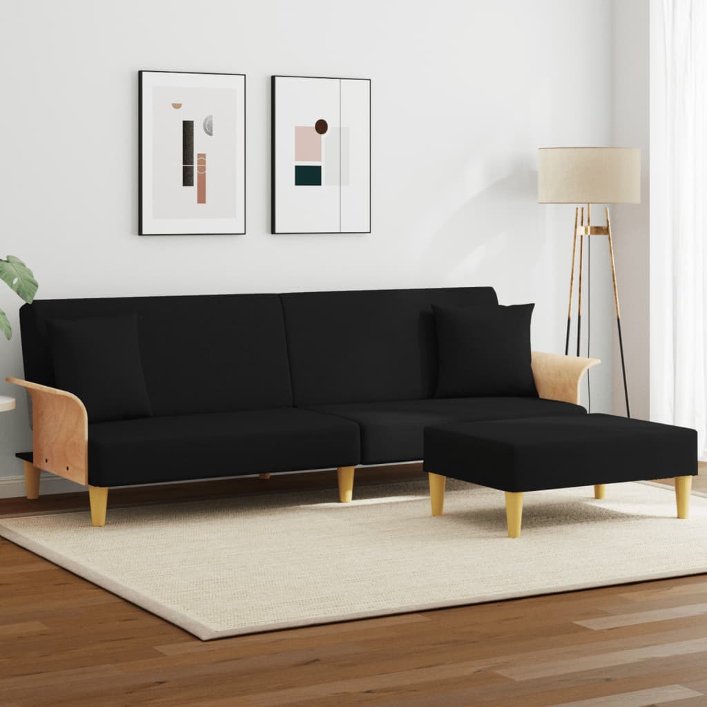 vidaXL Schlafsofa 2-Sitzer mit Kissen und Fußhocker Schwarz Samt