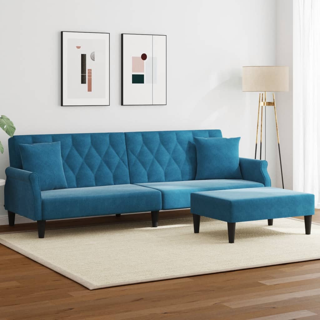 vidaXL Schlafsofa 2-Sitzer mit Kissen und Fußhocker Blau Samt