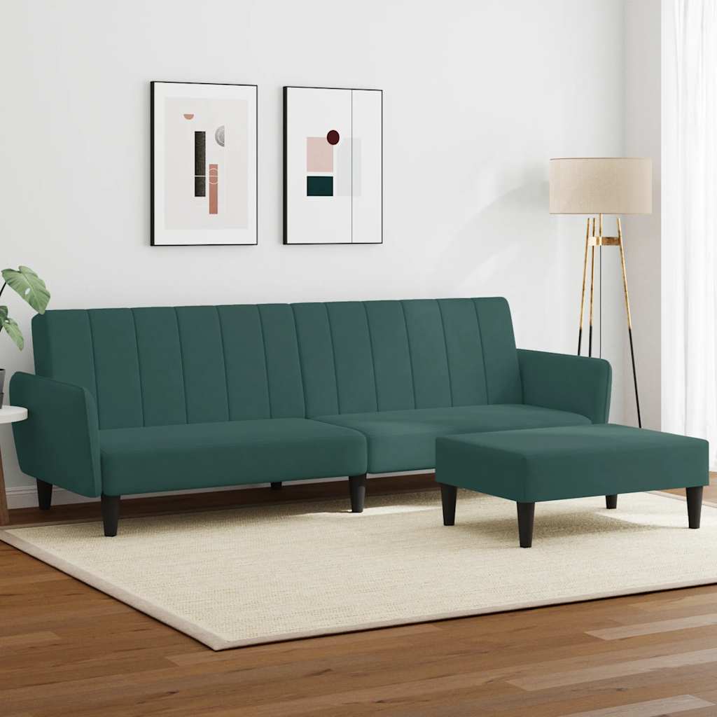 vidaXL Schlafsofa 2-Sitzer mit Fußhocker Dunkelgrün Samt