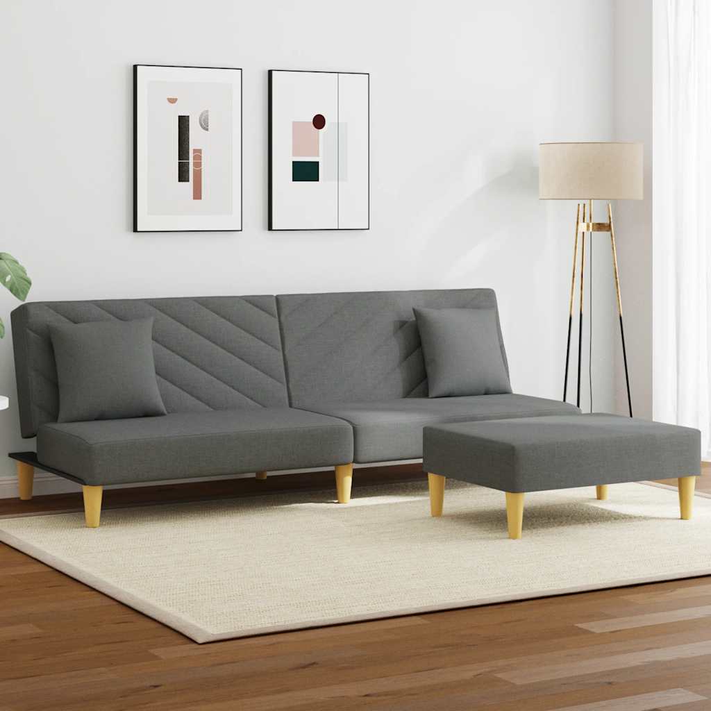 vidaXL Schlafsofa 2-Sitzer mit Kissen und Fußhocker Dunkelgrau Stoff
