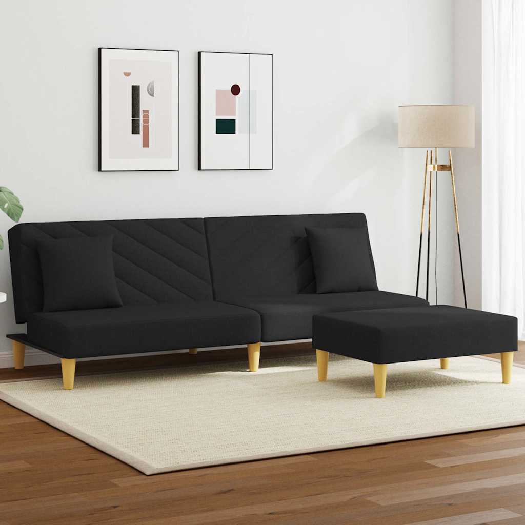 vidaXL Schlafsofa 2-Sitzer mit Kissen und Fußhocker Schwarz Stoff