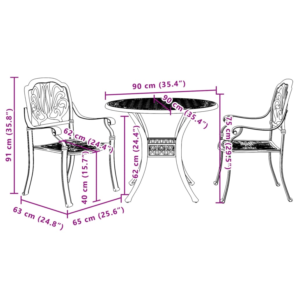 Stół i krzesła bistro ogrodowe z aluminium, Zielony, 90x75cm, 65x63x91cm