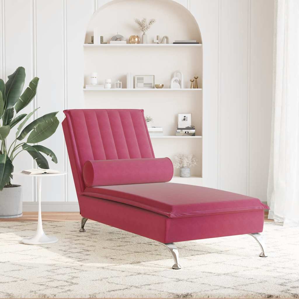vidaXL Massage chaise longue met bolster fluweel wijnrood afbeelding