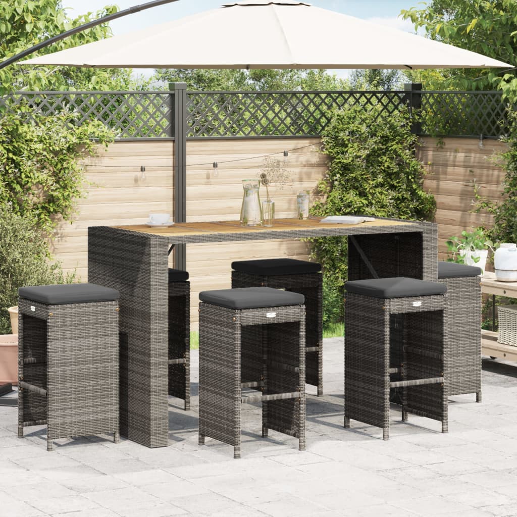 vidaXL Garten-Barhocker mit Kissen 6 Stk. Grau Poly Rattan