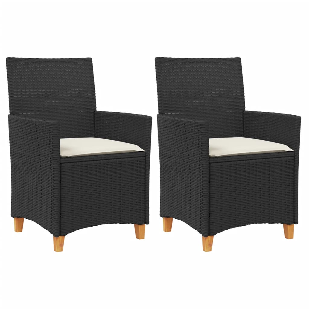 Image of vidaXL Garden Chairs with Cushions 2 pcs Black Poly Rattan&Solid Wood