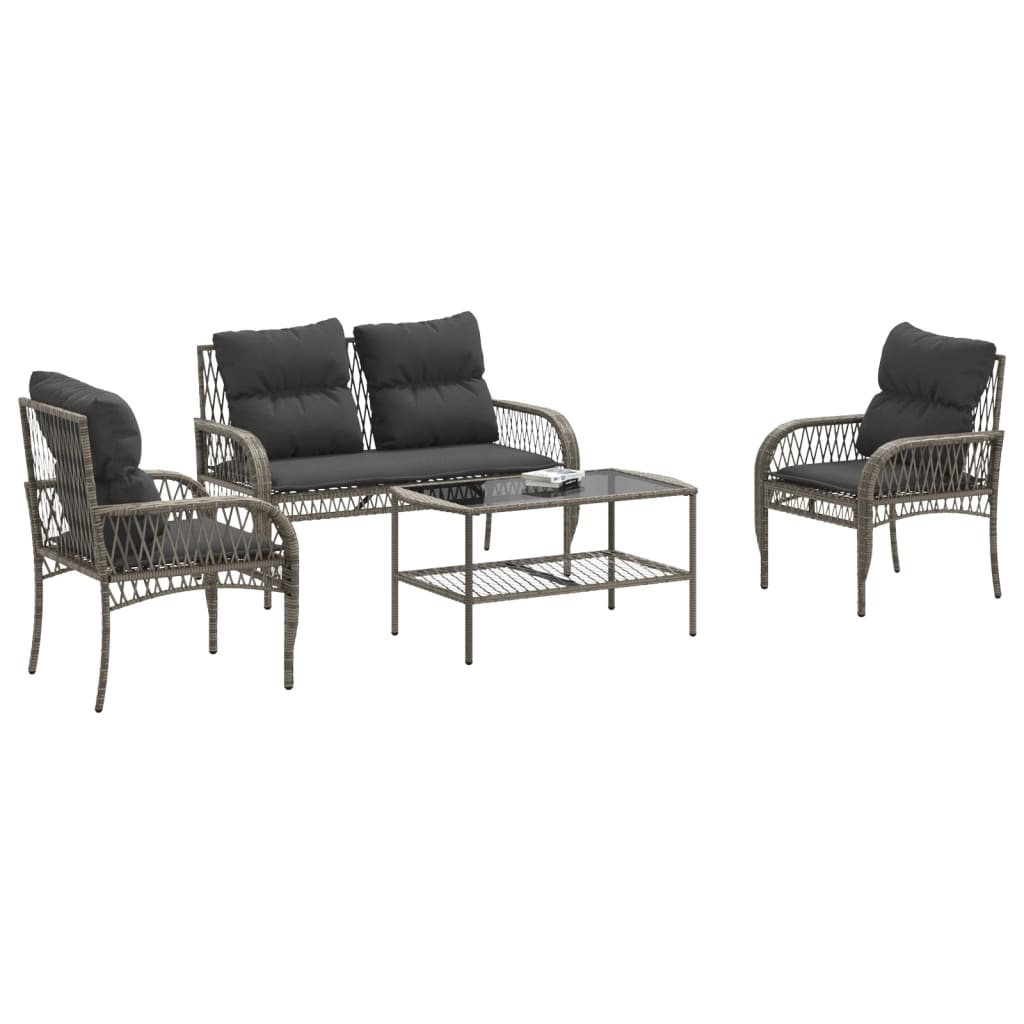 vidaXL 4-delige Loungeset met kussens poly rattan grijs afbeelding