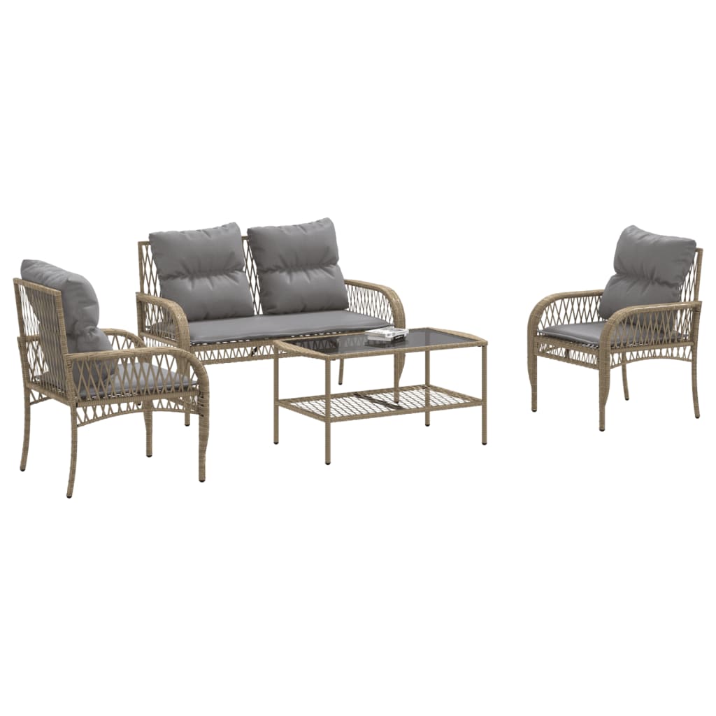 vidaXL 4-delige Loungeset met kussens poly rattan beige afbeelding