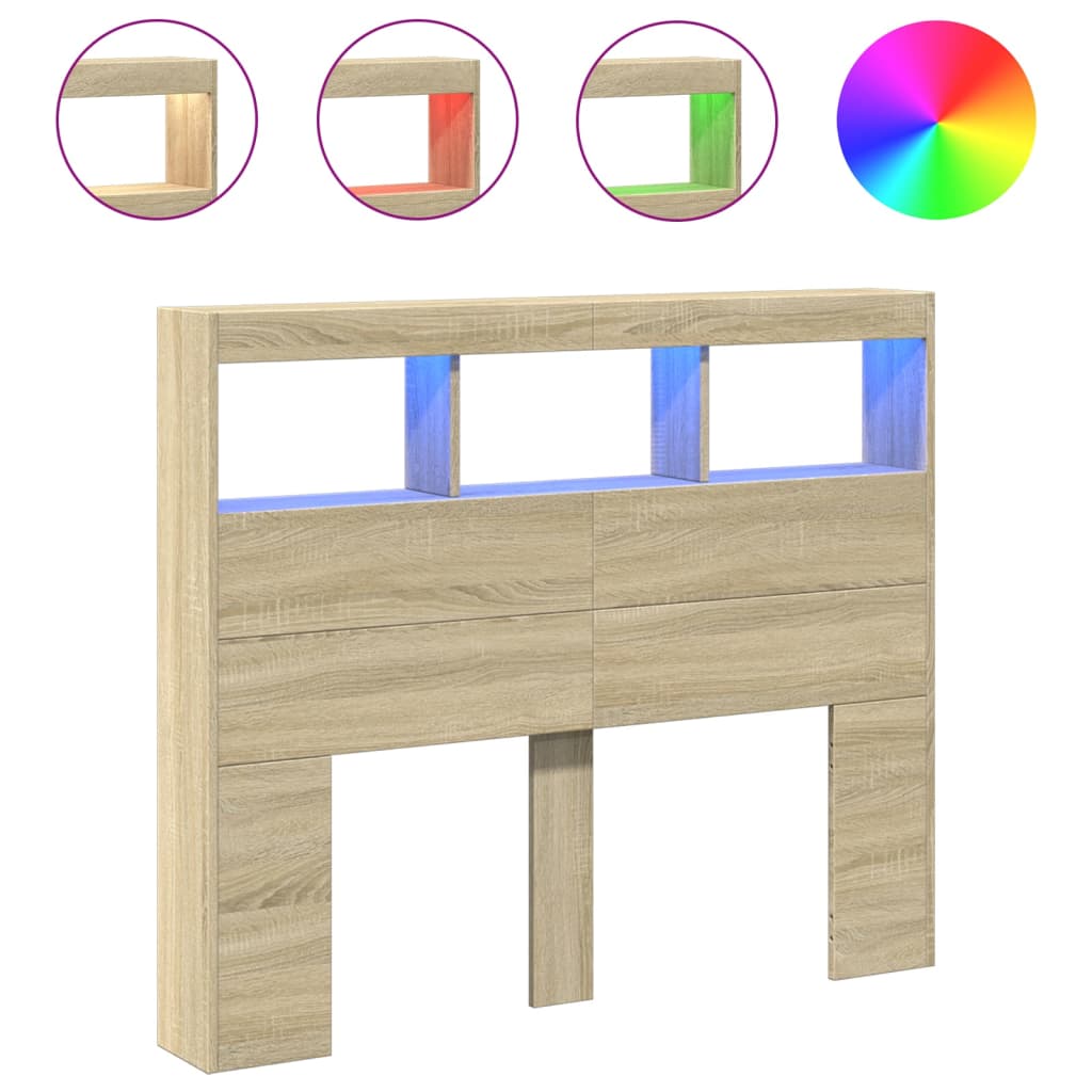vidaXL Čelo postele s úložným prostorem a LED dub sonoma 120x17x102 cm