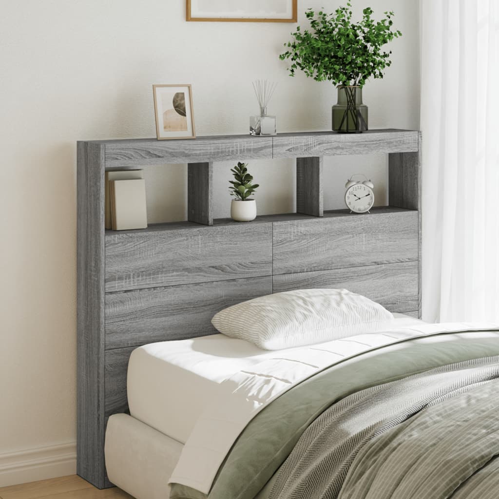 vidaXL LED-Kopfteil mit Ablagen Grau Sonoma 120x17x102 cm