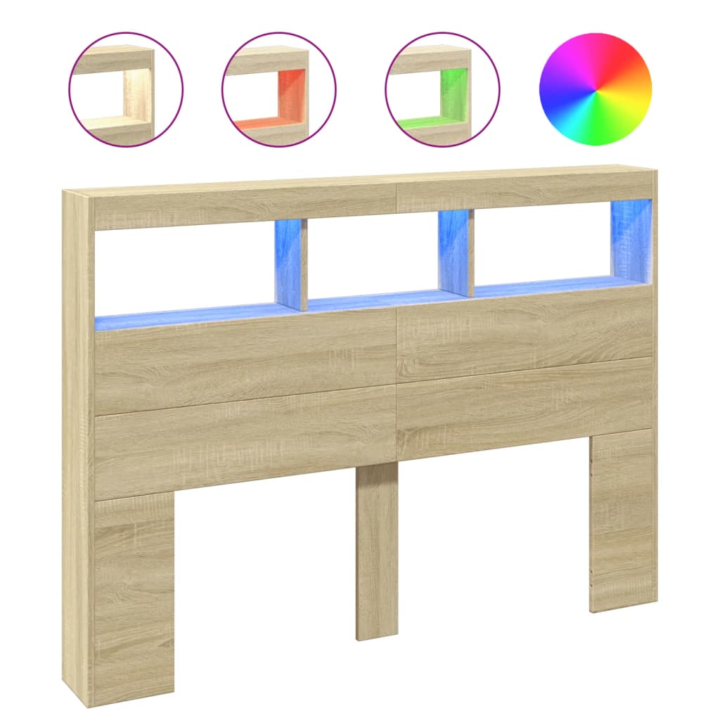 vidaXL Čelo postele s úložným prostorem a LED dub sonoma 140x17x102 cm