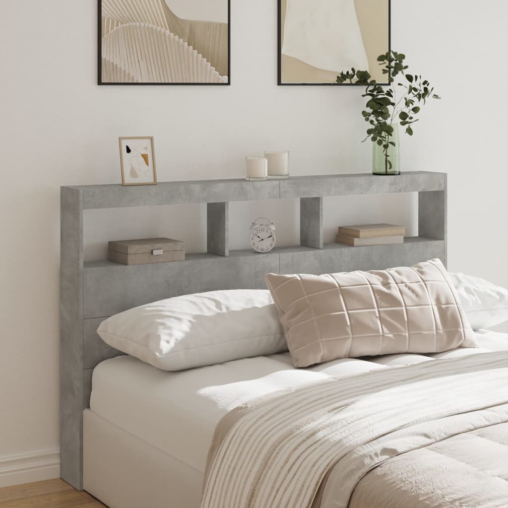 vidaXL Tăblie de pat cu dulap și LED, gri beton, 160x17x102 cm