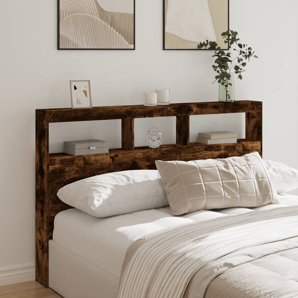 vidaXL Tăblie de pat cu dulap și LED, stejar fumuriu, 160x17x102 cm