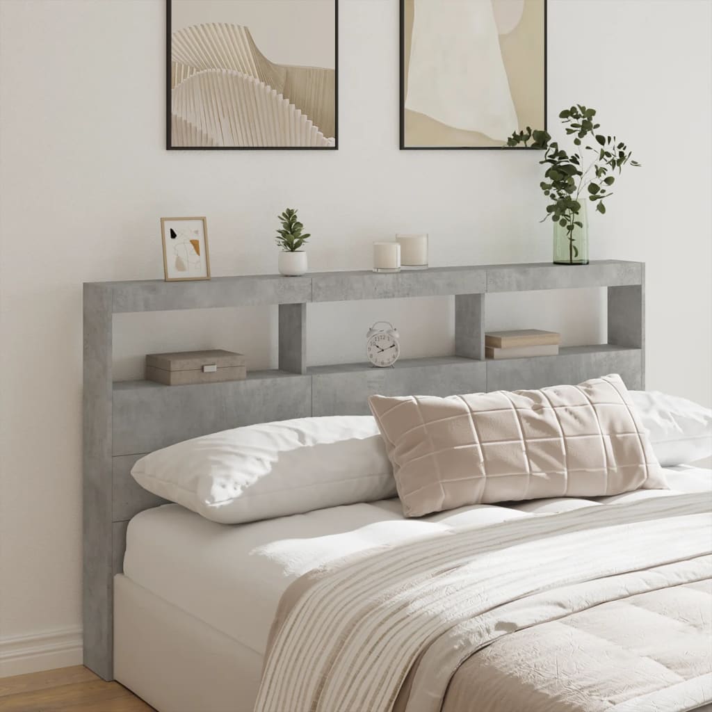 vidaXL Tăblie de pat cu dulap și LED, gri beton, 180x17x102 cm