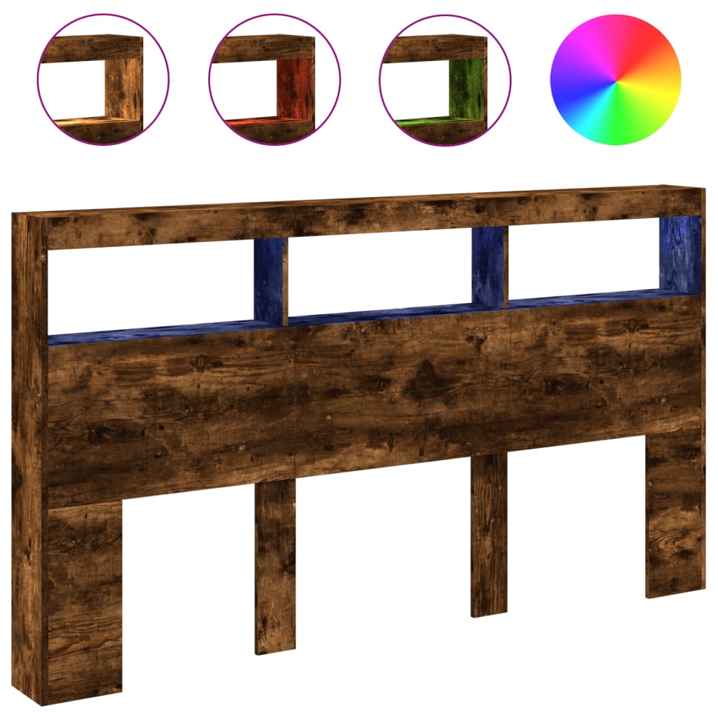 vidaXL Čelo postele s úložným prostorem a LED kouřový dub 180x17x102cm