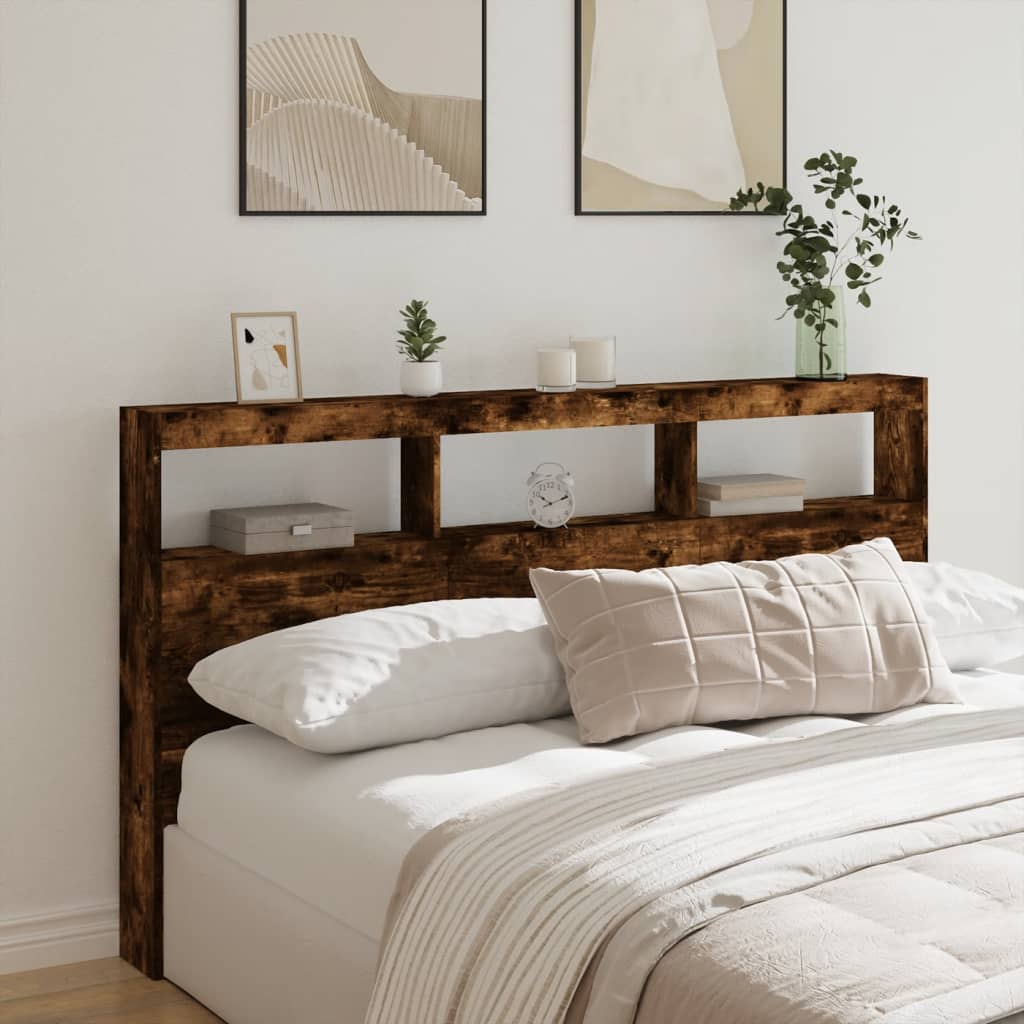 vidaXL Tăblie de pat cu dulap și LED, stejar fumuriu, 180x17x102 cm