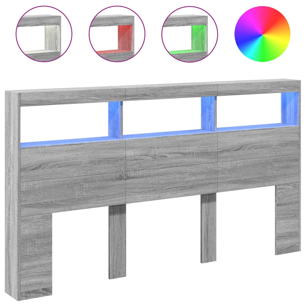 vidaXL Čelo postele s úložným prostorem a LED šedé sonoma 180x17x102cm