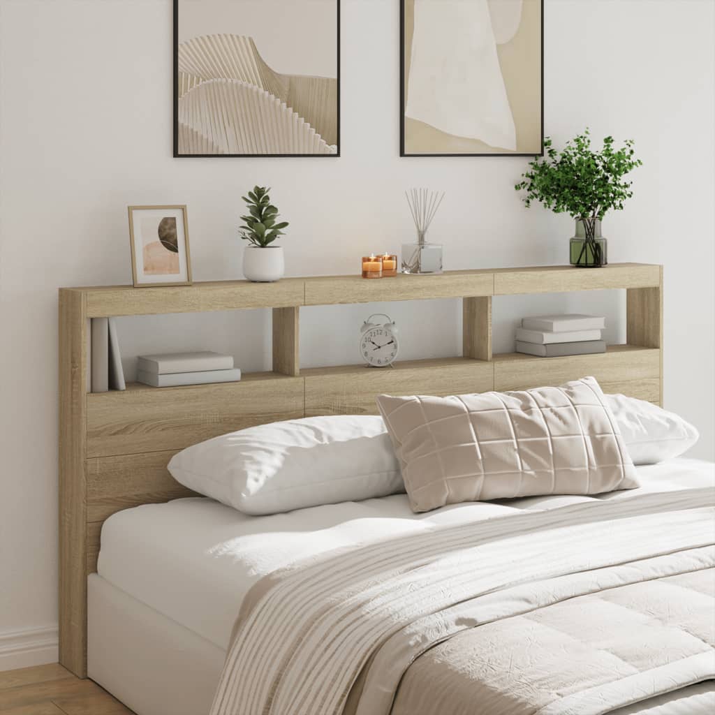 vidaXL Tăblie de pat cu dulap și LED, stejar sonoma, 200x17x102 cm